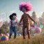 Placeholder: Ultra realistic circus scene. Sweet hair monster and Child’s playing, smile, happy, color bubbles, smooth color, waist up view, Wes Anderson style, dark ambient, highly detailed, concept art, unreal engine 5, god rays, ray tracing, RTX, lumen lighting, ultra detail, volumetric lighting, 3d, finely drawn, high definition, high resolution.