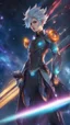 Placeholder: A close picture to guy with whit hair and galaxy skin in dreamshaper finetuned model with dynamic art style witg