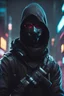 Placeholder: cyberpunk assassin in a black ski mask