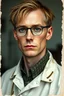 Placeholder: William Fickermeister is a 30-year-old Anglo-German scientist. Serious, intelligent and thoughtful character. Tall, thin, slender, blond with blue eyes. he wears glasses. has messy hair. he has a scar on his left face. wears a dirty German white scientist's outfit. It's a torn photo in WWII style.