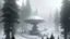 Placeholder: a station for spaceship passengers embedded in a forest with a landing pad. The stations use the base of big trees and trees grow out of the top. Some of the trees grow through the stations because they're so big. This is in a blizzard setting.