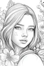 Placeholder: Generate a colouring pages of the face of a cute girl with flowers along with some pencil sketch marks with white bachground