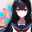 Placeholder: Clear focus, High resolution, long black fluffy hair, red eyes, chopped bangs, wearing a sailor uniform, wearing a sailor skirt, colorful, hollywood, female, no outlines, extreme close up, rough line sketch