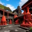 Placeholder: A red frantic volcanic factory with furnaces designed in Maori sculptures