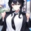 Placeholder: Clear focus, High resolution, short black hair, black eyes, wearing a black jacket and a white shirt, wearing a black skirt, 1girl, Genshin impact, long locks, long eyelashes, black tie