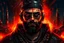 Placeholder: Portrait roi conquerant cyberpunk, cheveux noirs, barbe, yeux rouges, belgique en feu arriere plan