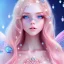 Placeholder:  beautiful, soft, whide smile face, long blonde straight hair, blue eyes, fairy wings on the back, transparent crystal blue and pink clothes, background blue and pink, big definition, 8K