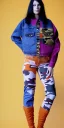 Placeholder: Model, woman. sérigraphie on denim with orange,terracotta, cream and purple colors. Camouflage patterns are screen printed on denim. Brunette woman in her 30's. thick thighs, thick calves, flat belly, wide hip. Mantle is sewed of recycled Denim and sewed together of camouflage pieces. . It is with big bright purple felt tippet and cream-colored-hood. mantle is merged with satchel. . AKG-style headphones (gold rings!) is merged with small felt cap with small visor. Style: Haute Couture in 1936