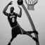 Placeholder: Realistic, drawing, black and white, basketball player, slam dunk