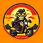 Placeholder: Monkey riding a scooter motorcycle with sunglasses and a big smile, have a mountain sunset on the background, make a round logo