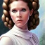 Placeholder: round framed complete and ultra realistic detailed head to waist portrait of young carrie fisher as Princess Leia with realistic hairstyle by Mandy Jurgens and mucha and Richard Schmid and chuck close and chie yoshii, extraordinary and detailed ceremony dress of star wars,brown eyes