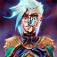 Placeholder: D&D female cleric with platinum blonde hair, gold eyes, smiling, teal armor