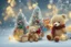 Placeholder: cute teddy bears holding hearts covered in sparkling gold glitter, beautiful winter composition, snowflakes, pine branches, Christmas ornaments and glowing Christmas lights