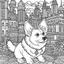 Placeholder: coloring pages for adults, Corgi, Quirky, In the style of Bravest Warriors, Urban city background, Excited Mood, Fine Lines, Low Detail, --ar 9:16