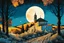 Placeholder: create a fine art print illustration of an old Italian village church, with highly detailed rough stonework, surrounded by ancient Lombardy poplar trees, in the hills of Tuscany under a harvest moon at midnight , in the comic book art style of Bill Sienkiewicz, and Jean Giraud Moebius, finely textured, drawn, colored, and inked