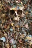 Placeholder: a picture of a dark, comedic, anatomically correct wall of colorful tightly packed skulls of varying sizes and expressions, photo realistic, insanely meticulous, highly detailed, part of a collection of bones on display, 64k, dystopian, vray