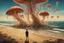 Placeholder: Standing on a beach of an alien world, watching mushrooms with jellyfish tentacles in the sky, photorealistic, Deep Colour, Fantastical, Intricate Detail, sunshine