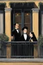 Placeholder: a photo realistic version of The Balcony (Le Balcon)Painting by Édouard Manet, whose main characters are the Addams Family: Gomez and Morticia Addams, Wednesday and Pugsley