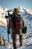 Placeholder: “Ultra-realistic outdoor adventure scene in snowy mountains. A rugged human adventurer carries a multifunctional backpack cam rig. The rig is integrated into the backpack with a telescopic camera mast, foldable sled/runners for low-angle shots, and small stabilizing wheels. Subtle LED lights on the rig glow softly. The backpack looks natural, weatherproof, and lightweight. Snow, rocks, and sunlight create natural shadows. The camera rig is unobtrusive, blending with the environment