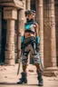 Placeholder: teen woman in retro-futurist cyberpunk costuming with pants leaning to the side with shoulder against a stone pillar of a Egyptian + cyberpunk post apocalyptic building, 2 swords in scabbards at hip