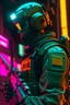 Placeholder: us men soldier with rilfe M4 with helmet with neon background colour with word "szczepan" with cyberpunk style