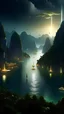 Placeholder: sci fi planet, city, ha long bay, lighting