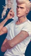 Placeholder: Teen man, blond hair, perfect face, style of tomer hanuka, jeans, white, t-shirt, pompadour