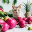 Placeholder: A cat surrounded by dragon fruits on a light background for removal