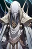 Placeholder: Anime alien villain character with white skin, huge , antagonist smart,too much modern armour and wearing a robe cover half of his head , aged thousand years