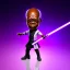 Placeholder: Hairless Samuel jackson purpleGlow jedi bobblehead gripping a Single (purple) sword and boots