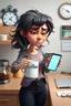 Placeholder: 3d disney cartoon style, a tangled-haired, sleepy, cranky, nervous woman is standing with an hourglass mug in her hand, the mug says "coffee", she shows the camera the display of her mobile phone, which shows 9:00, behind her is coffee flowing from the coffee maker onto the kitchen counter, a coffee mug a half sock, pen, glasses, laptop on the counter, one 2025 calendar on the wall, the wall clock shows 8 o'clock, the micro digital clock shows 8:30, little morning light, funny and surreal