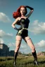 Placeholder: retro portrait image from 1960, sky background, wind, long red hair, fighting stance, sweet young Scarlett Johansson, black dress, classic long tight lycra black suit, gold bracelet and belt, high heel boots, superhero style, black widow, soft color, highly detailed, unreal engine 5, ray tracing, RTX, lumen lighting, ultra detail, volumetric lighting, 3d, finely drawn, high definition, high resolution.