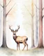 Placeholder: deer with antlers standing sideways, looking at viewer, realistic water color painted, among light colored tall simplified tree trunks, foggy, Easter Spring pastel colors, colorful, dark background