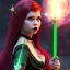 Placeholder: Attractive teenage girl with red hair who is dressed like a witch casting a spell with a staff, magic is in the background, green eyes, background is realistic space, goth girl dress, full body portrait, arm colors gradient effect into stars, rendered, unity 3d, unreal engine, dslr, hdr, 4k, edited, photorealistic, normal number of appendages, freckles, artists rendering