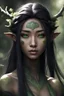 Placeholder: Druid, Elf, Mongolian face, Japanese face, beautiful, green glowing eyes, black hair, brown skin, portrait, mossy, natural, mystic