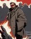 Placeholder: a young man with big muscles who looks like hans gruber wearing a heavy coat and red sunglasses staring with an irritated look on his face standing in front of a large fire