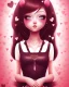 Placeholder: girl, happy, smiling, surrounded by hearts, black hair, long hair, brown eyes, portrait, pink dress