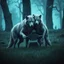 Placeholder: digital art two gray body hair anthropomorphic wolves together they carry a heavy anvil in their paws in a blue-green meadow, in the background trees with huge trunks rainy day, high contrast, high detail, atmospheric, dark fantasy, sci-fi atmosphere, cinematic