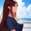Placeholder: red long haired woman, casual clotting, realistic, HD4k, watery cloud background, close up shot,