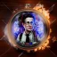 Placeholder: obsidian bust of ghostbuster busted for smoking sigar, ancient, magic,on dark wooden table with drinking glass,compass,brilliance, candle, dark figure in background, movie poster