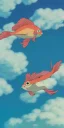 Placeholder: many neon goldfish with a cloud background