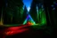 Placeholder: A giant multicolored prism emitting lights in the middle of a forest