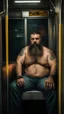 Placeholder: half figure photography of an ugly sweat turkish burly muscular chubby strong man 41 years old with long beard, short curly hair, tattoo, manly chest, hairy , ajar mouth, photorealistic ,shirtless, bulging shorts, side light, sitting inside a wagon on a crowded subway , neon lights, frontal view from the ground