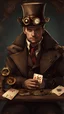 Placeholder: magicien steampunk qui fait un tour de magie avec des cartes