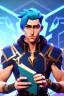 Placeholder: a human male with blue short hair and blue wings in an assymetrical armor with geometric patterns and a book in hand