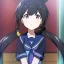 Placeholder: Clear focus, High resolution, short black fluffy hair, long locks, chopped bangs, pony tail, purple eyes, wearing a sailor uniform, (solo), anime screencap