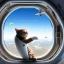 Placeholder: hyper-realistic flying astronaut looking at cat inside spaceship window, 8k resolution, high-quality, fine-detail, detailed matte, intricate, 3D octane render, illustration, digital art, brian froud, howard lyon, anna dittman, greg rutowski,