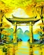 Placeholder: A yellow peak with torii gates in daylight designed in ancient Egyptian hieroglyphics painted by Claude Monet