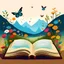 Placeholder: un libro abierto con flores y mariposas volando fuera de él. El libro está sobre una mesa de madera y hay un jarrón con flores al lado. El fondo es un paisaje con árboles y montañas.El estilo de la imagen es abstracto. Las formas y los colores están simplificados y no se representan de manera realista. Las flores y las mariposas están representadas como formas abstractas y el paisaje se reduce a líneas y colores básicos.