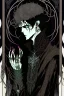 Placeholder: black haired young man necromancer wizard with gothic jewelry and tentacle fingers in the style of Harry Clarke